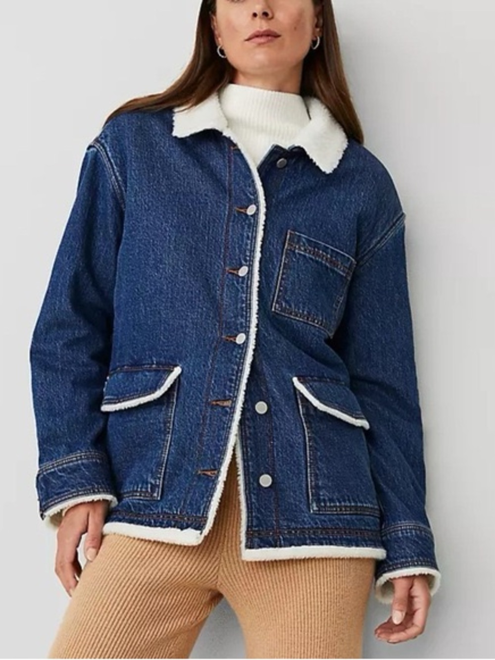 Ann Taylor Weekend Collection Dark Blue Denim Sherpa-Lined Jacket